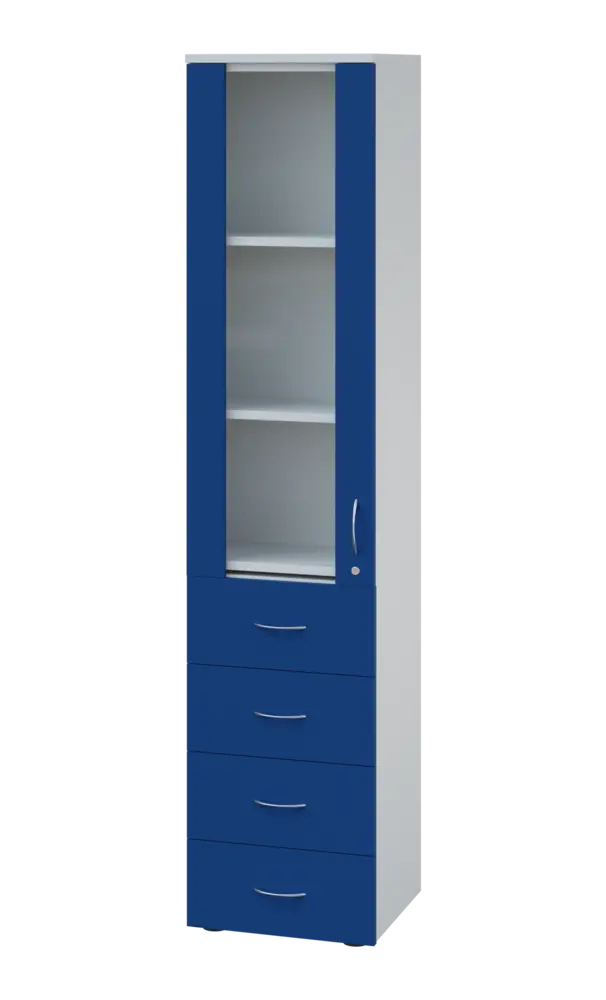 LE - 44 skříň léková prosklená, levá, korpus bílý, dvířka královská modř